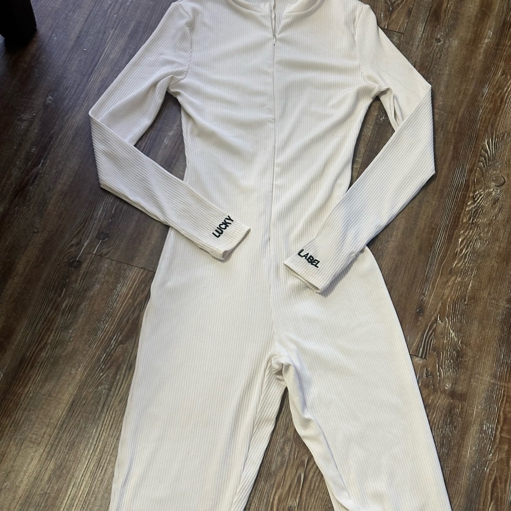 Cream Ribbed Jumpsuit - Picture 2 of 3